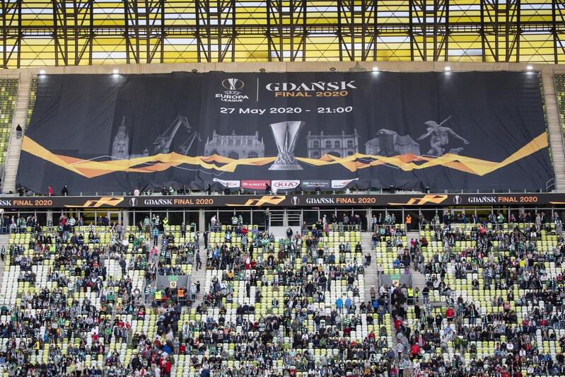 Baner finału Ligi Europy został ułożony na trybunie Stadionu Energa Gdańsk we wrześniu 2019 roku przed meczem Lechii z Lechem Poznań 