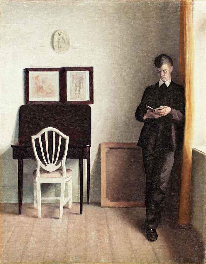 Wnętrze z młodym czytającym mężczyzną (1989 r.), autor: Vilhelm Hammershøi (The Hirschsprung Collection, Kopenhaga)