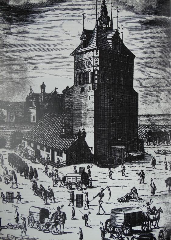 Rycina Donneta ukazująca plac przy Wieży Więziennej podczas dżumy w 1709 roku