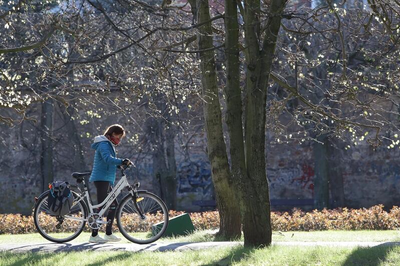 Park Oliwski 2020 r. W mieście jadąc na rowerze pamiętaj o zasłonięciu twarzy (ust i nosa) maseczką lub elementem odzieży: kominem, chustą czy szalikiem 