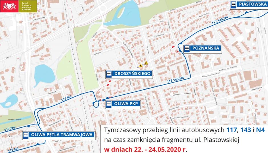 Trasa objazdu, który w ten weekend obowiązuje na Przymorzu dla dwóch dziennych i jednej nocnej linii autobusowej