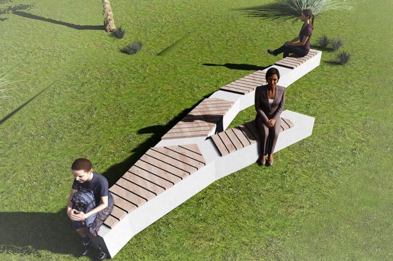Jedną z propozycji jest projekt oryginalnych ławek, których kształt i wygląd inspirowany jest strukturą kory drzew (autor Anna Bakiera) 