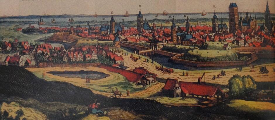 Panorama Gdańska D. Danckertsa sprzed 1666. Na pierwszym planie, w lewym dolnym rogu – poniżej stoku Biskupiej Górki – staw zwany później „Czarnym Morzem. Za nim – na lewo – pierwsze budynki opatrzonego tą samą nazwą osiedla. Obok – równolegle do niewidocznego tu kanału Raduni – podłużne szopy służące do suszenia cegieł