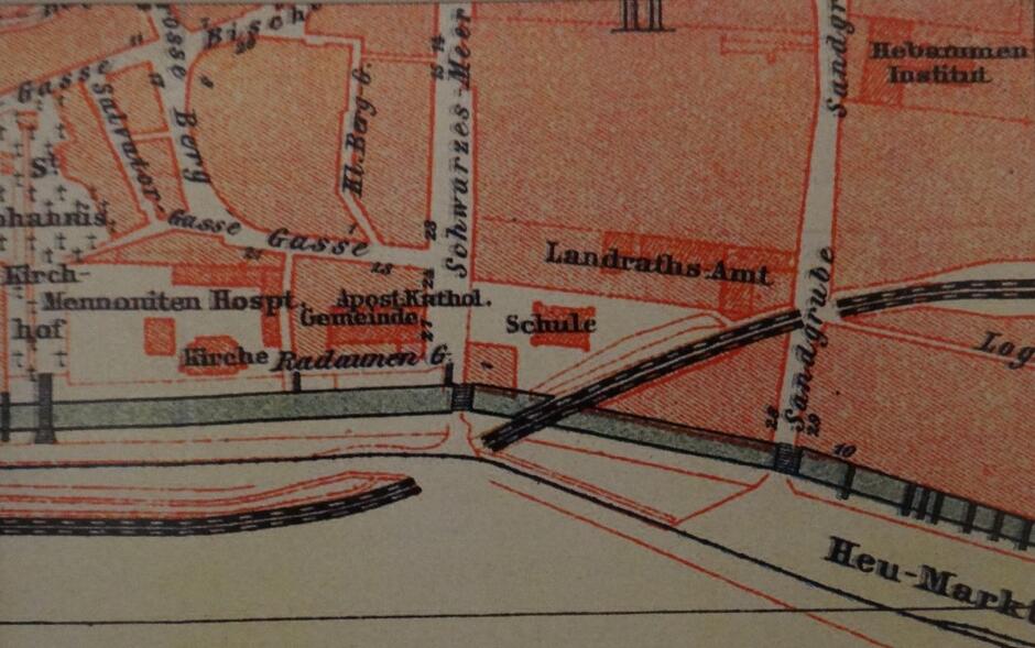 Fragment przedwojennego planu Gdańska z ulicą Schwarzes Meer. Wyraźnie widoczne umiejscowienie kościółka Gminy Apostolsko-Katolickiej