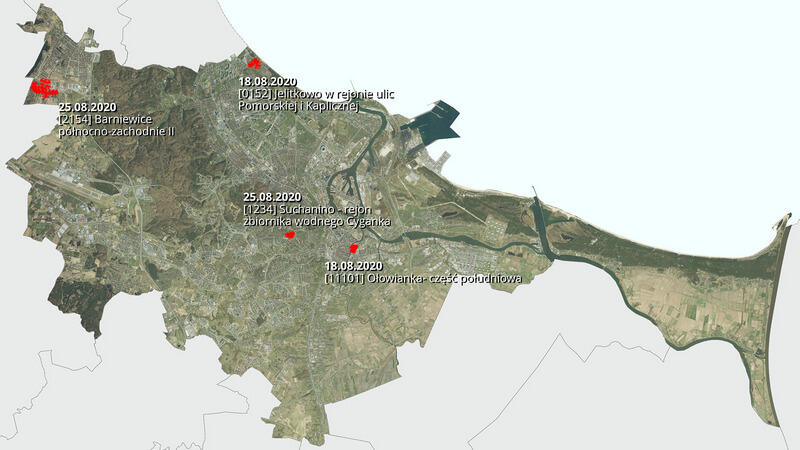 Na mapie zaznaczono cztery lokalizacje, których dotyczą plany zagospodarowania przestrzennego w sierpniu 2020 roku