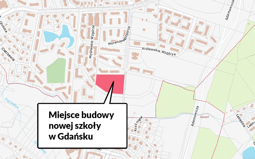 Na mapce zaznaczono teren, na którym zaplanowano budowę nowej szkoły w dzielnicy Piecki-Migowo