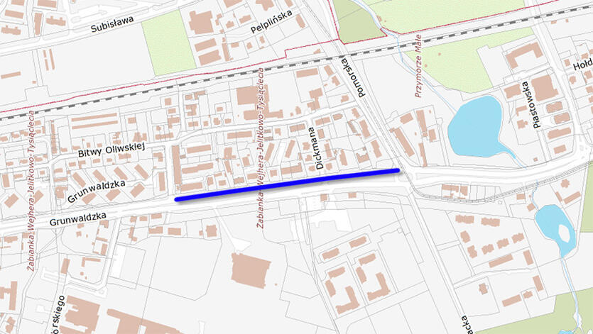 Na mapce zaznaczono odcinek ciągu pieszego, który zostanie przebudowany na potrzeby wprowadzenia tam także ruchu rowerowego
