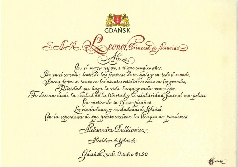 Księżniczka Eleonora od prezydent Gdańska otrzymała także kaligrafowane życzenia w eleganckiej oprawie