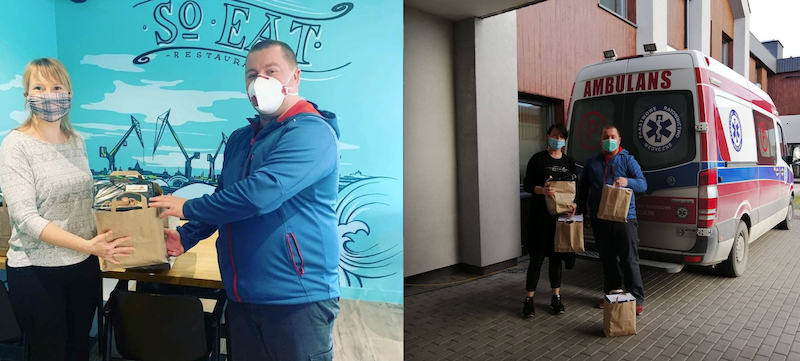 Zdjęcie po lewej: Kobieta w blond włosach przekazuje box z jedzeniem mężczyźnie w niebieskiej bluzie. Zdjęcie po prawej: ten sam mężczyzna i kobieta w czarnych włosach stoją na tle karetki