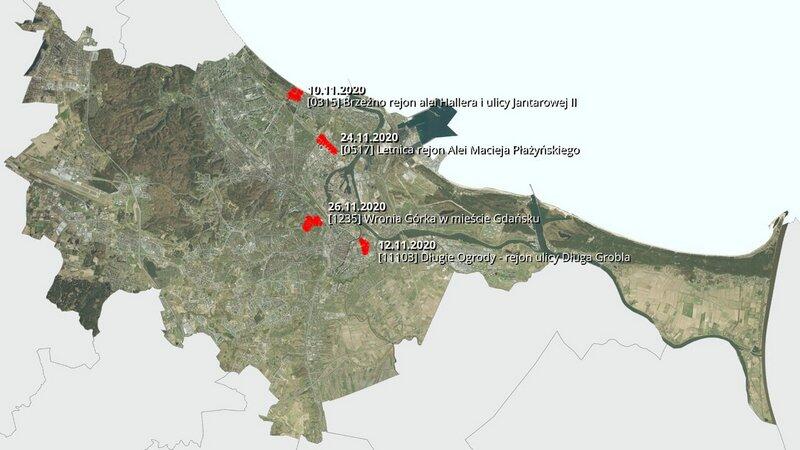 Mapa miasta z zaznaczonymi czterema punktami - projektami miejscowych planów zagospodarowania przestrzennego