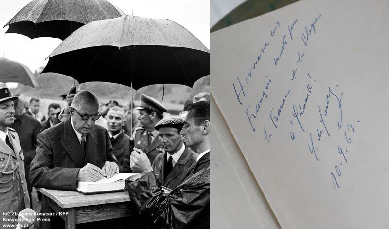 Podójne zdjęcie. Po prawej czarno-biały historyczny obraz Charlesa De Gaulle’a, który pod parasolkami na cmentarzu wpisuje się do księgi. Po lewej treść wpisu w języku francuskim