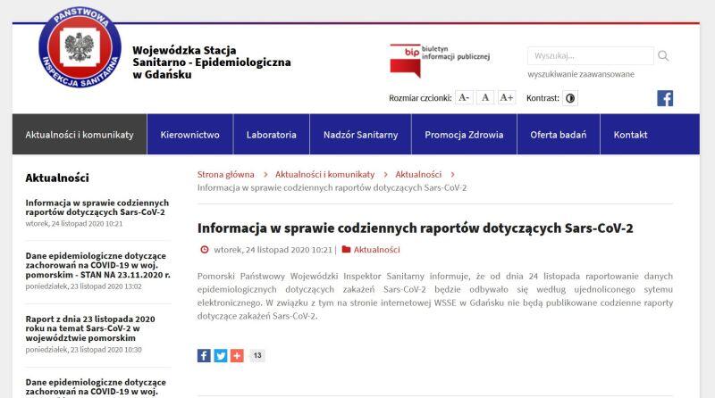 Komunikat na stronie internetowej Wojewódzkiej Stacji Sanitarno Epidemiologicznej w Gdańsku, zamieszczony we wtorek, 24 listopada