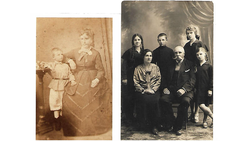 Z lewej: mały Leon Świechowski (ojciec pani Kaliny) ze swoją matką, Pauliną, 1874 rok; obok - rodzinny portret rodziców pani Kaliny z dziećmi z 1927 roku - nasza bohaterka stoi z lewej strony, nad matką, Martą Świechowską