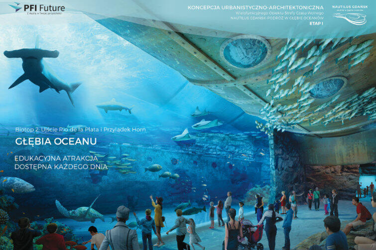 Wizualizacja gotowego już projektu, przedstawiająca wnętrze oceanarium od strony publiczności
