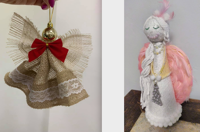 Ozdoby świąteczne: beżowy dzwoneczek i biały aniołek