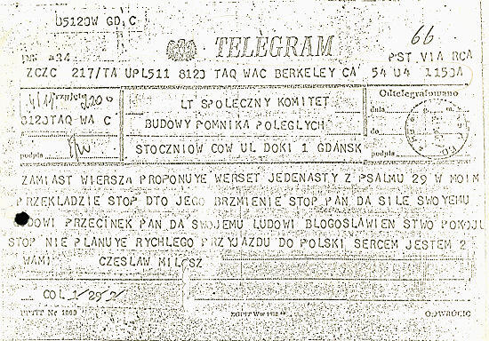 Telegram Czesława Miłosza w sprawie sentencji na pomniku Poległych Stoczniowców 1970 w Gdańsku 