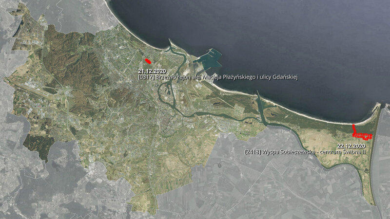 Na mapie zaznaczono lokalizacje dwóch projektów miejscowych planów zagospodarowania przestrzennego