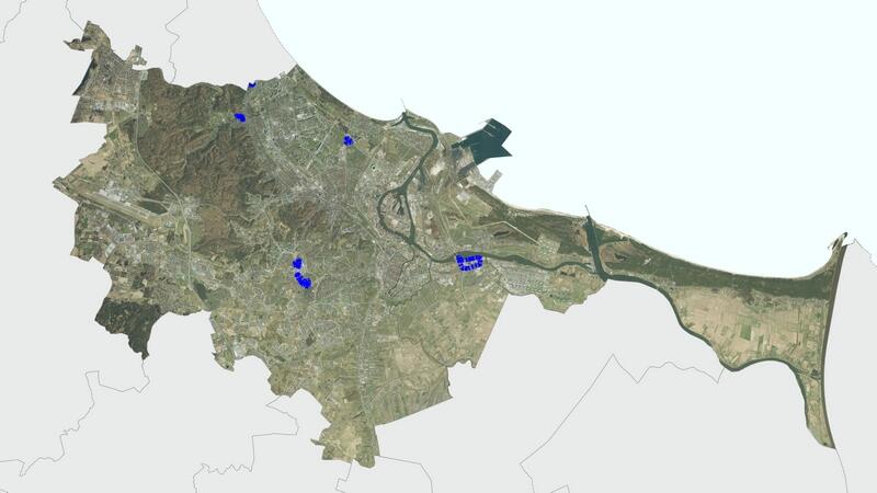 Mapa Gdańska z zaznaczonymi lokalizacjami miejsc, których dotyczyć mają plany zagospodarowania przestrzennego