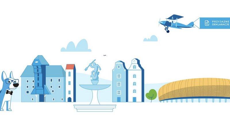 grafika rysunkowa, na której znajdują się: pies (z lewej strony), budynki oraz wizerunek Neptuna (w środku), bursztynowy stadion (z prawej). Na wizerunkiem stadionu samolot dwupłatowy ciągnący za sobą baner z napisem: PRZYJAZNE DEKLARACJE, nad budynkami dwie chmurki