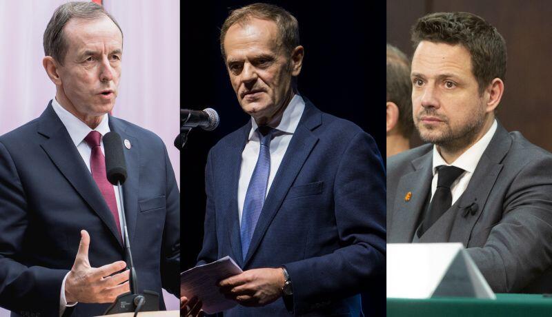 Tomasz Grodzki, marszałek Senatu, Donald Tusk, były premier i Rafał Trzaskowski, prezydent Warszawy