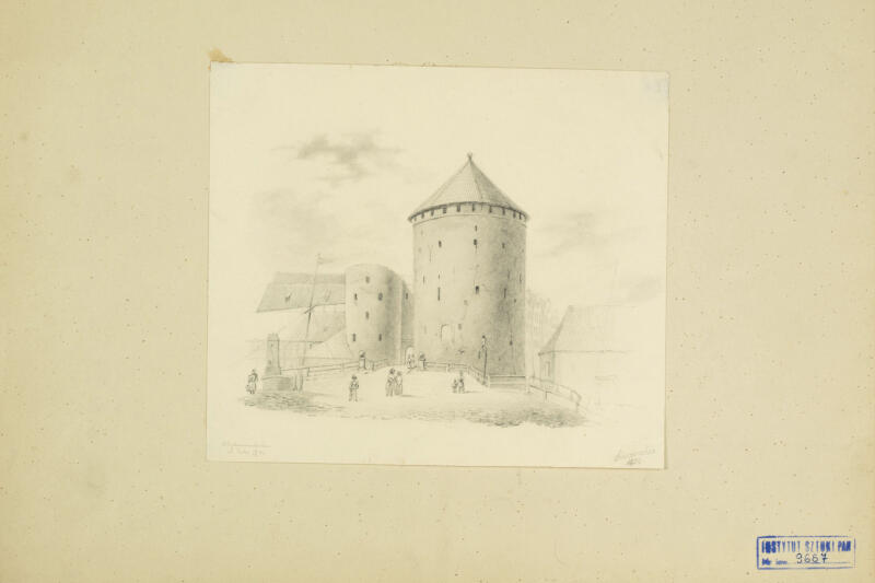 Brama Stągiewna z Basztami. Widok z mostu nad rzeką Nowa Motława. Georg T. Schirrmacher, 1850 rok