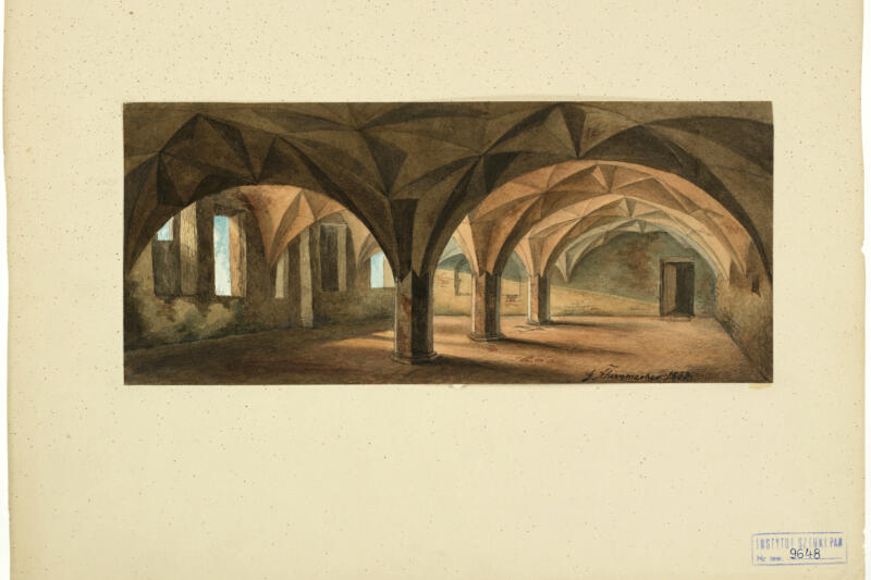 Dawny klasztor brygidek (niezachowany). Wnętrze refektarza według stanu z 1848 roku. Georg T. Schirrmacher, 1853 rok
