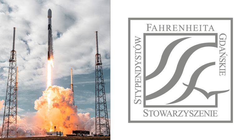 fotomontaż dwóch zdjęć, na jednym startująca rakieta kosmiczna, u jej dołu dym i ogień z silników, na drugim grafika będąca logo Stowarzyszenia Stypendystów Fahrenheita proste motywy morskich fal i mewy