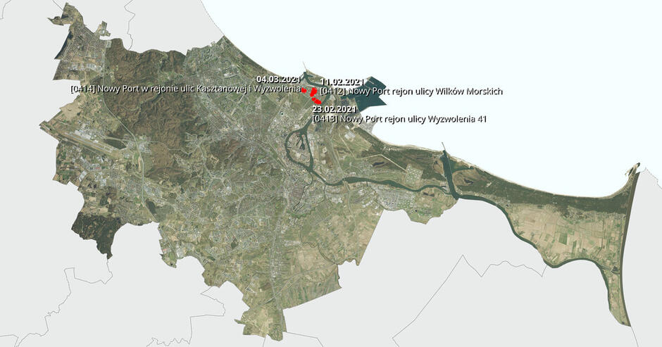 Na mapie zaznaczono lokalizacje trzech projektów miejscowych planów zagospodarowania przestrzennego
