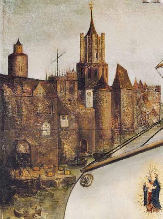 Ukazana na obrazie zabudowa nie jest realistyczną panoramą ani motławskiego portu, ani części nadwodnej zamku; aby podjąć próby identyfikacji warto zwrócić uwagę na: dwie wieże, dźwig budowlany nad korpusem kościoła i fragmenty bram