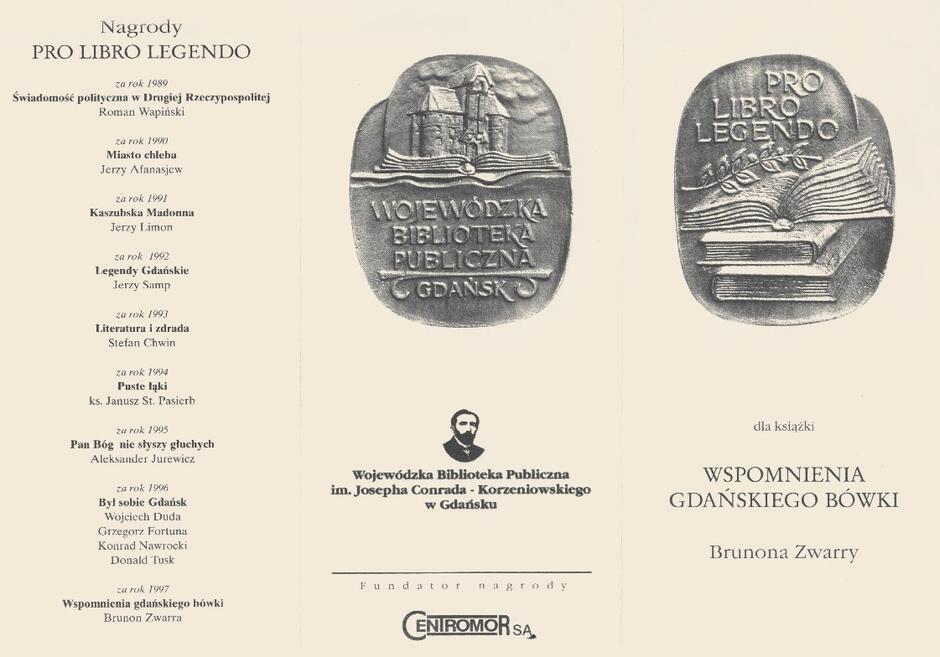 Jedna ze stron zaproszenia na uroczystość poświęconą „Wspomnieniom gdańskiego bówki” z okazji wyróżnienia tej książki nagrodą „Pro libro legendo”