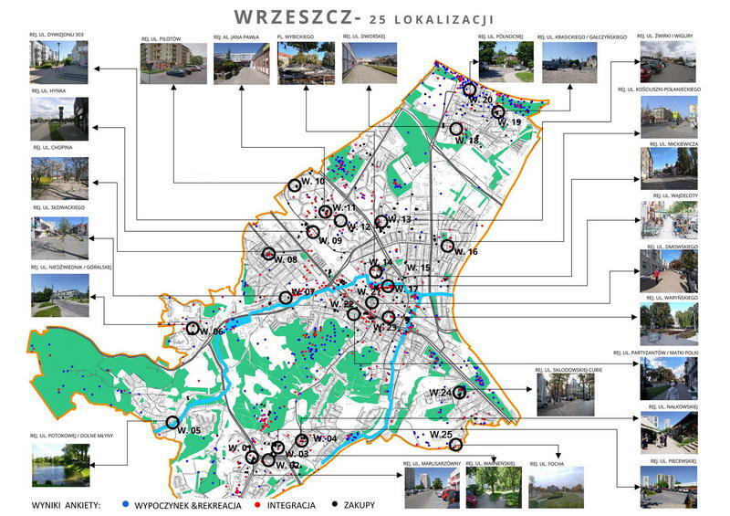 Plansza informacyjna z napisem: WRZESZCZ 25 lokalizacji. Po lewej mapa części miasta, w środku i po prawej zdjęcia lokalizacji oraz ich nazwy, od których strzałki prowadzą w konkretne miejsca na mapie

