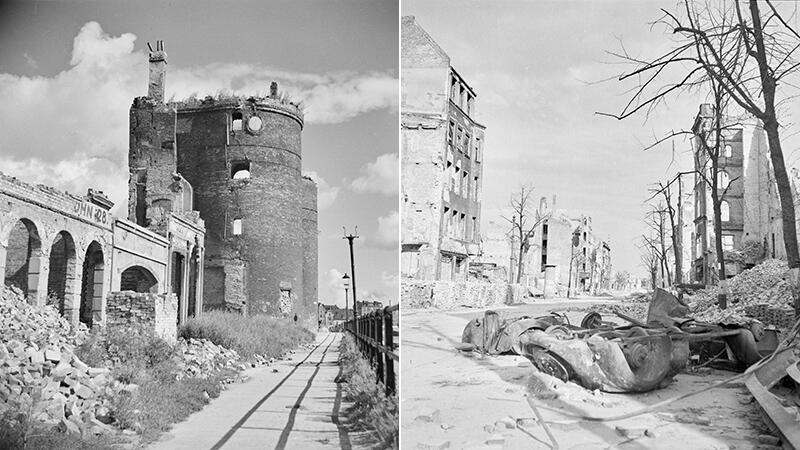 Gdańsk bardzo ucierpiał w czasie działań wojennych w marcu 1945 roku, a potem jeszcze część domów została spalona przez maruderów i rabusiów. Po lewej widoczne są mury wypalonego Żurawia Gdańskiego