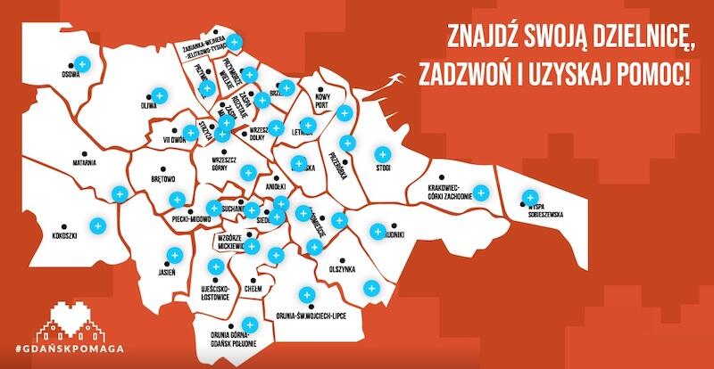 Na stronie gdanskpomaga.pl znajdziemy mapę, która wskazuje dokładne lokalizacje punktów pomocowych w każdej z dzielnic. Aby wyświetlił się adres, należy wskazać kursorem odpowiednią lokazację