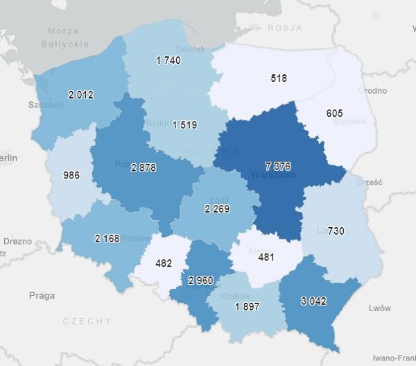 Mapa Polski z podziałem na województwa. Na obszarach każdego województwa wypisane cyfry oznaczające wykonane szczepienia w ciągu dobry (stan z 4 kwietnia 2021)