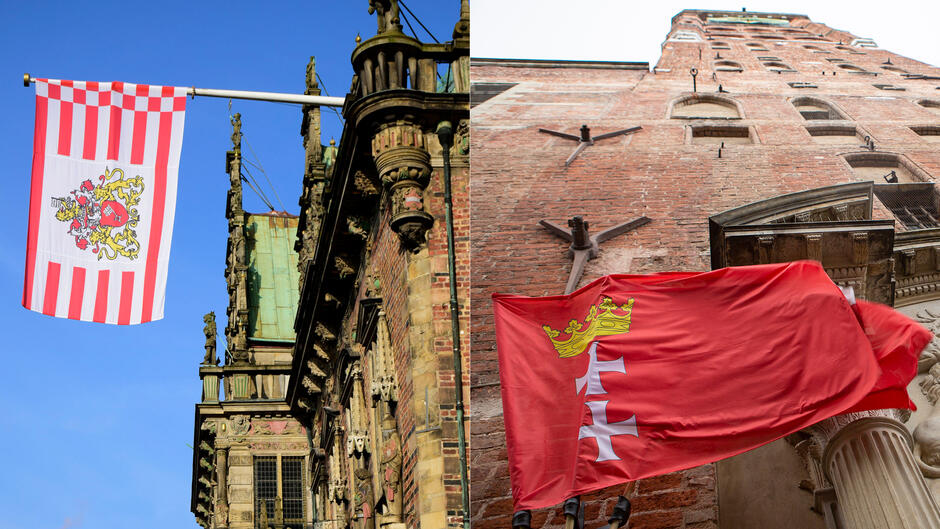 Od lewej: flagi Bremy i Gdańska na ratuszach obu miast