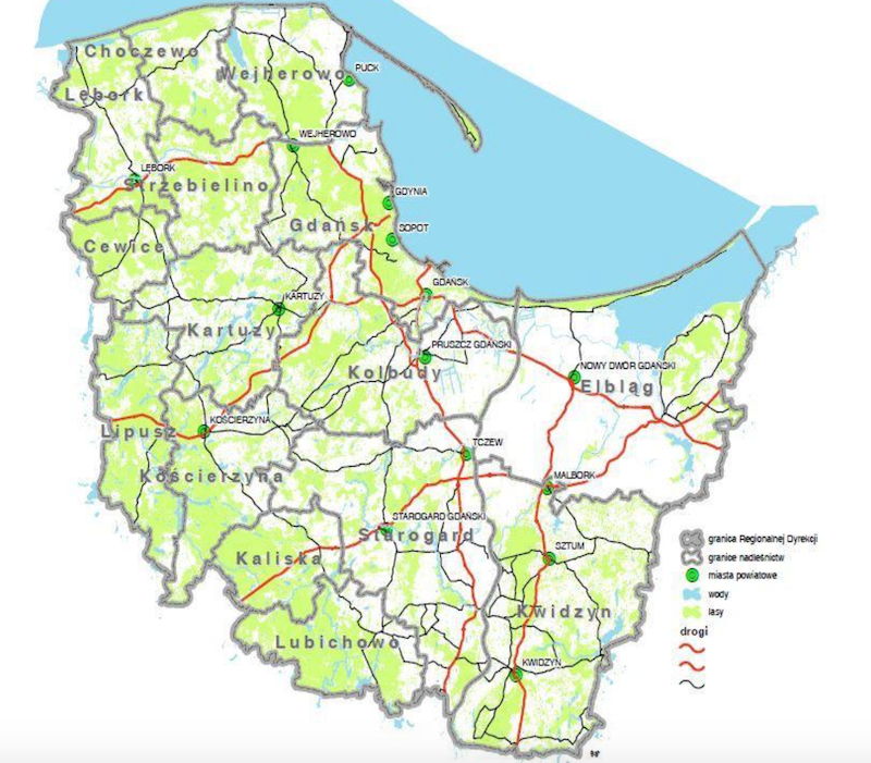 Mapa zasięgu Regionalnych Lasów Państwowych w Gdańsku