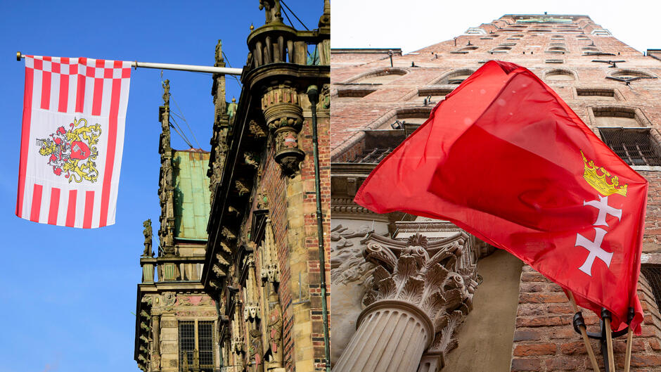 Flagi Bremy i Gdańska na fasadach ratuszy obu miast