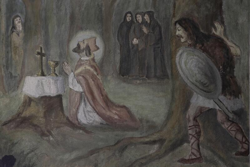 Święty Wojciech odprawia mszę na polanie leśnej. Zza drzew obserwują go Prusowie