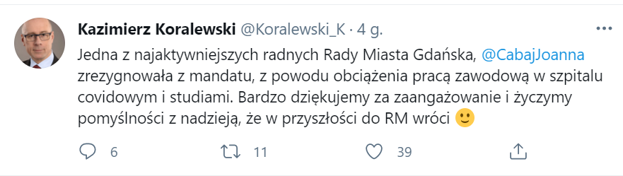 Kazimierz Koralewski poinformował o decyzji Joanny Cabaj za pomocą Twittera