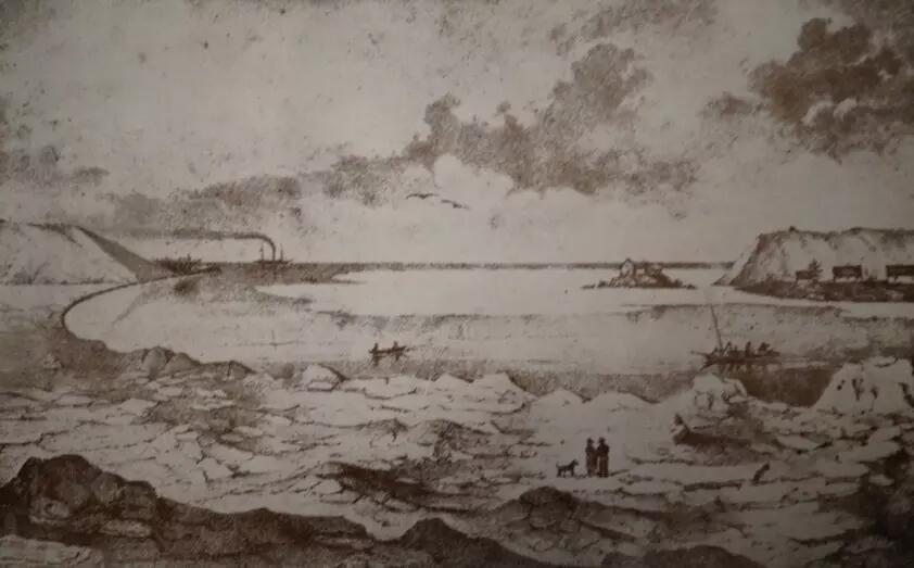 Przełom Wisły w 1840 roku koło gdańskich Górek, litografia wg rysunku J. Gottheila 